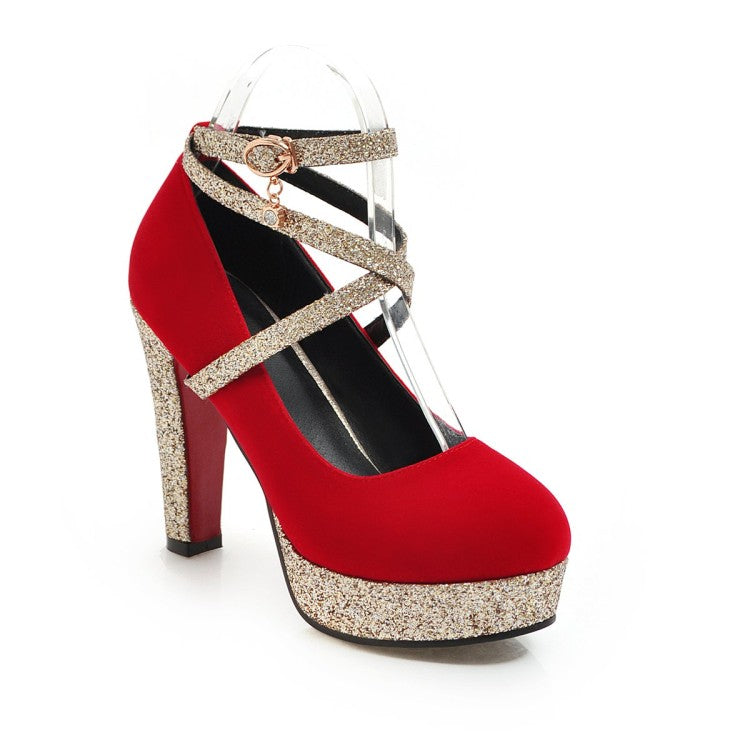 Ladies Bling Bling Sequins Crossed Ankle Strap Chunky Heels High Heel Platform Pumps