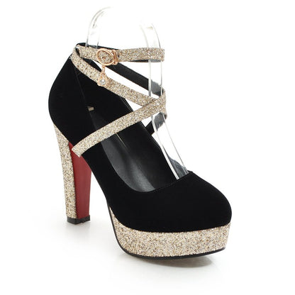 Ladies Bling Bling Sequins Crossed Ankle Strap Chunky Heels High Heel Platform Pumps