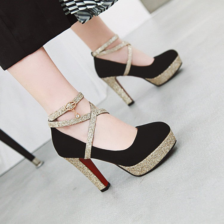 Ladies Bling Bling Sequins Crossed Ankle Strap Chunky Heels High Heel Platform Pumps