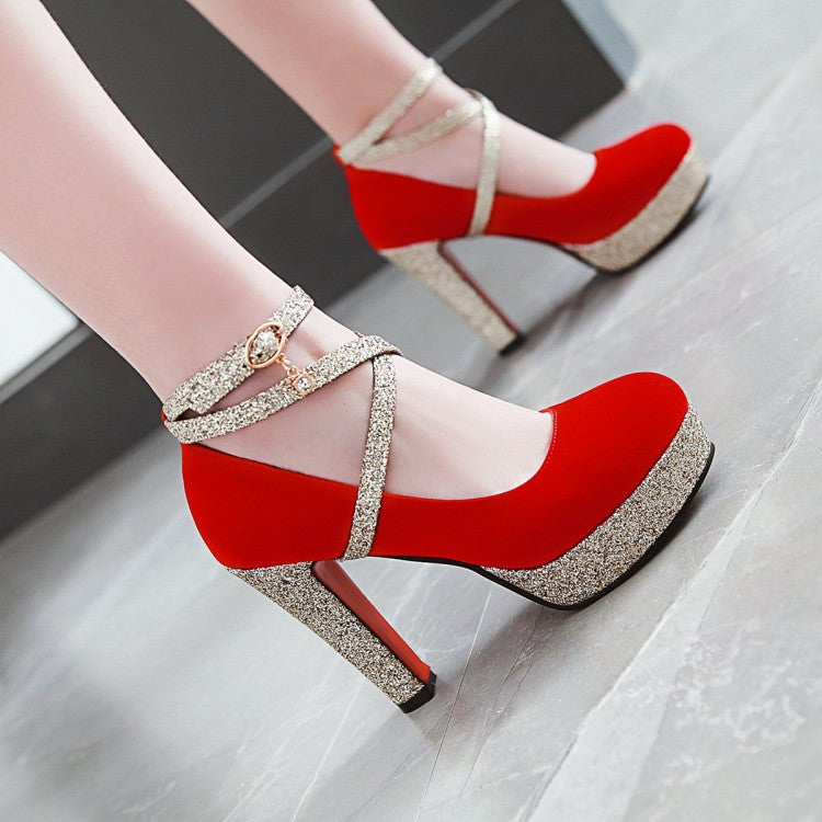 Ladies Bling Bling Sequins Crossed Ankle Strap Chunky Heels High Heel Platform Pumps