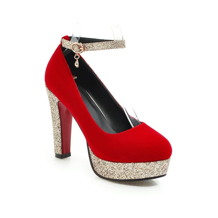 Ladies Almond Toe Sequins Ankle Strap Chunky Heels High Heel Platform Pumps