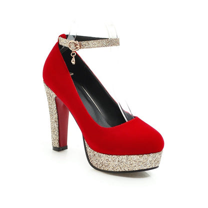 Ladies Almond Toe Sequins Ankle Strap Chunky Heels High Heel Platform Pumps