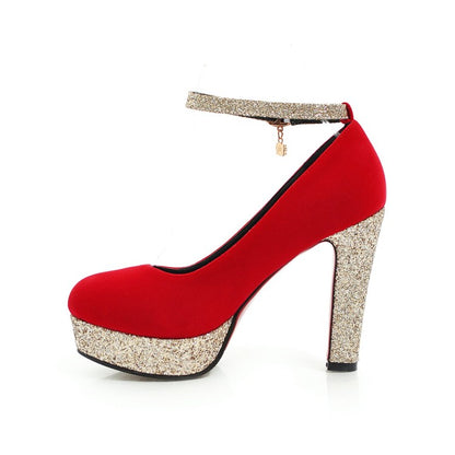 Ladies Almond Toe Sequins Ankle Strap Chunky Heels High Heel Platform Pumps