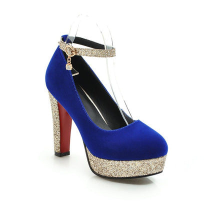 Ladies Almond Toe Sequins Ankle Strap Chunky Heels High Heel Platform Pumps