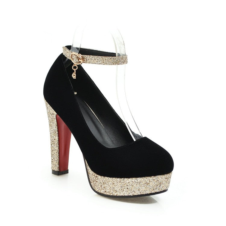 Ladies Almond Toe Sequins Ankle Strap Chunky Heels High Heel Platform Pumps