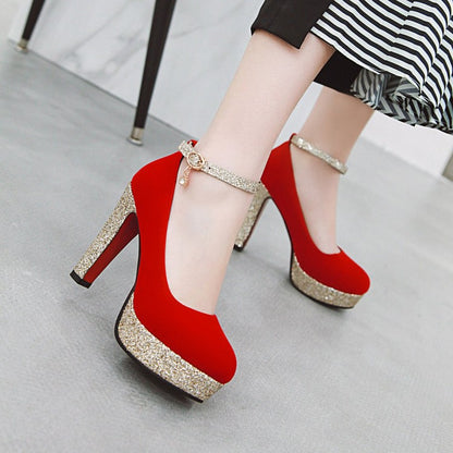 Ladies Almond Toe Sequins Ankle Strap Chunky Heels High Heel Platform Pumps