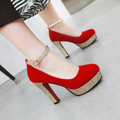 Ladies Almond Toe Sequins Ankle Strap Chunky Heels High Heel Platform Pumps