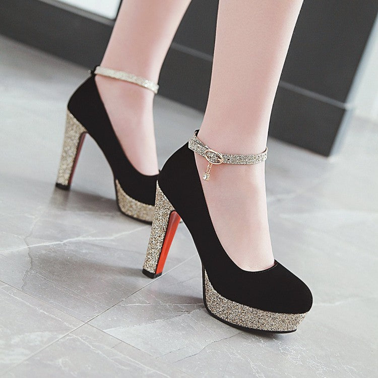 Ladies Almond Toe Sequins Ankle Strap Chunky Heels High Heel Platform Pumps