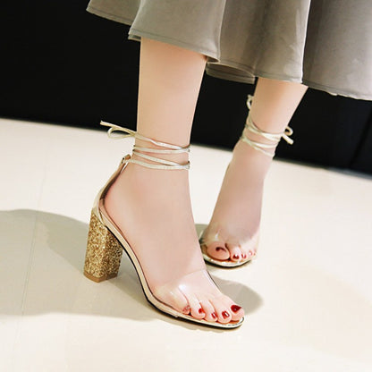 Ladies Transparent Round Toe Ankle Tied Strap Chunky Heel Sandals