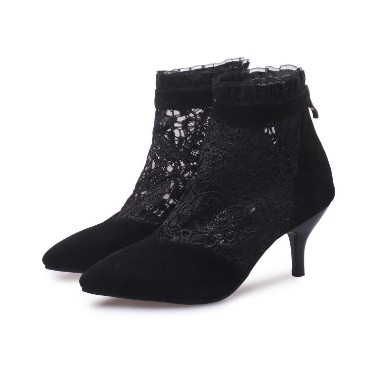 Booties Pointed Toe Lace Mesh Ankle Boots for Women