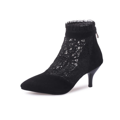 Booties Pointed Toe Lace Mesh Ankle Boots for Women