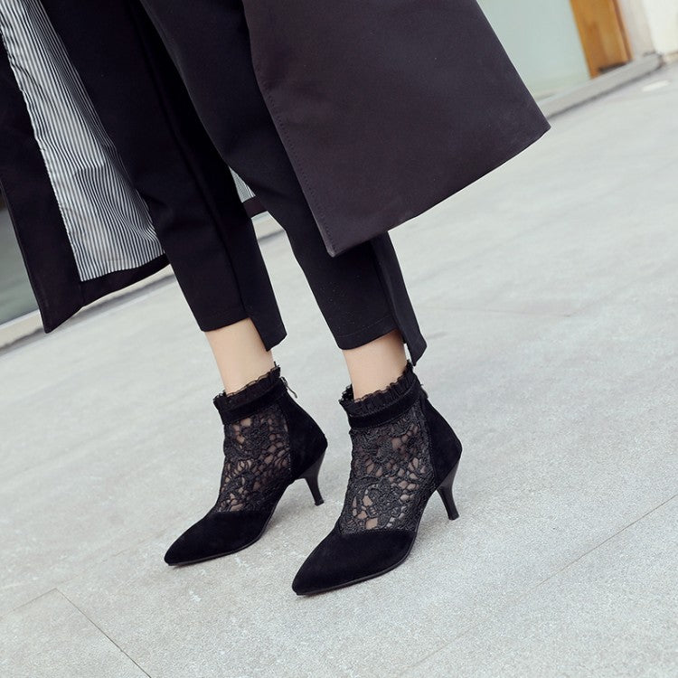 Booties Pointed Toe Lace Mesh Ankle Boots for Women