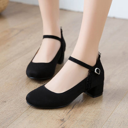 Ladies Flock Mary Janes Ankle Strap Block Heel Pumps