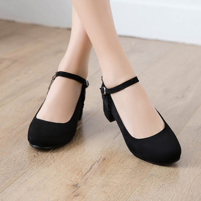 Ladies Flock Mary Janes Ankle Strap Block Heel Pumps