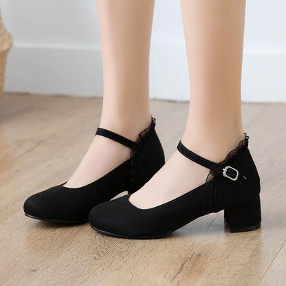 Ladies Flock Mary Janes Ankle Strap Block Heel Pumps