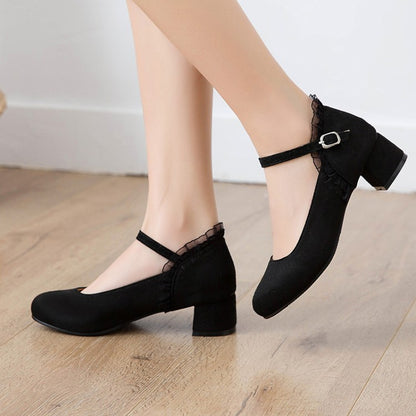 Ladies Flock Mary Janes Ankle Strap Block Heel Pumps