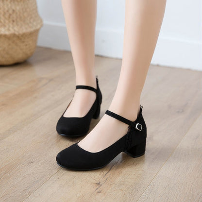 Ladies Flock Mary Janes Ankle Strap Block Heel Pumps