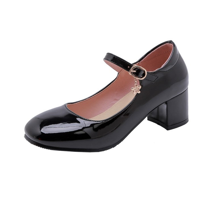 Ladies Pumps Glossy Round Toe Mary Janes Block Chunky Heel