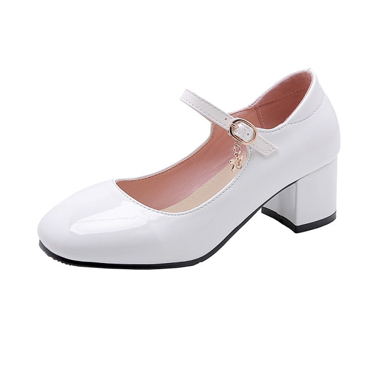 Ladies Pumps Glossy Round Toe Mary Janes Block Chunky Heel