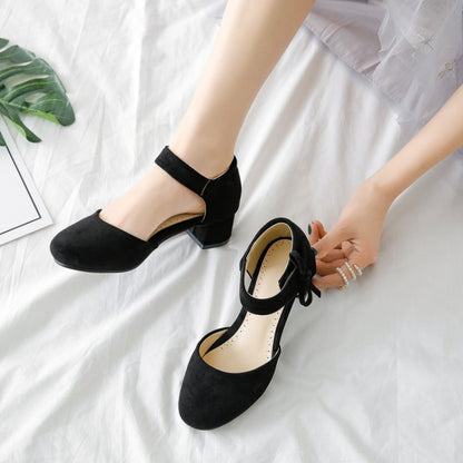 Ladies Solid Color Suede Ankle Strap Butterfly Knot Block Heel Sandals