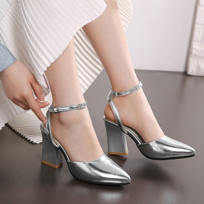 Ladies Pointed Toe Ankle Strap Chunky Heel Sandals