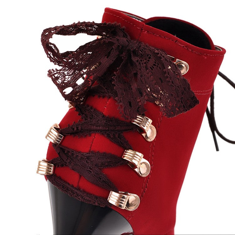 Suede Round Toe Lace Up Back Tied Stiletto Heel Platform Short Boots for Women