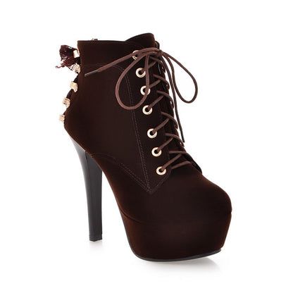 Suede Round Toe Lace Up Back Tied Stiletto Heel Platform Short Boots for Women