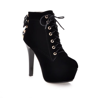 Suede Round Toe Lace Up Back Tied Stiletto Heel Platform Short Boots for Women