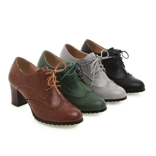 Ladies Retro Tied Carved Medium Heel Oxford Shoes