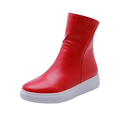 Pu Leather Round Toe Side Zippers Flat Platform Short Boots for Women