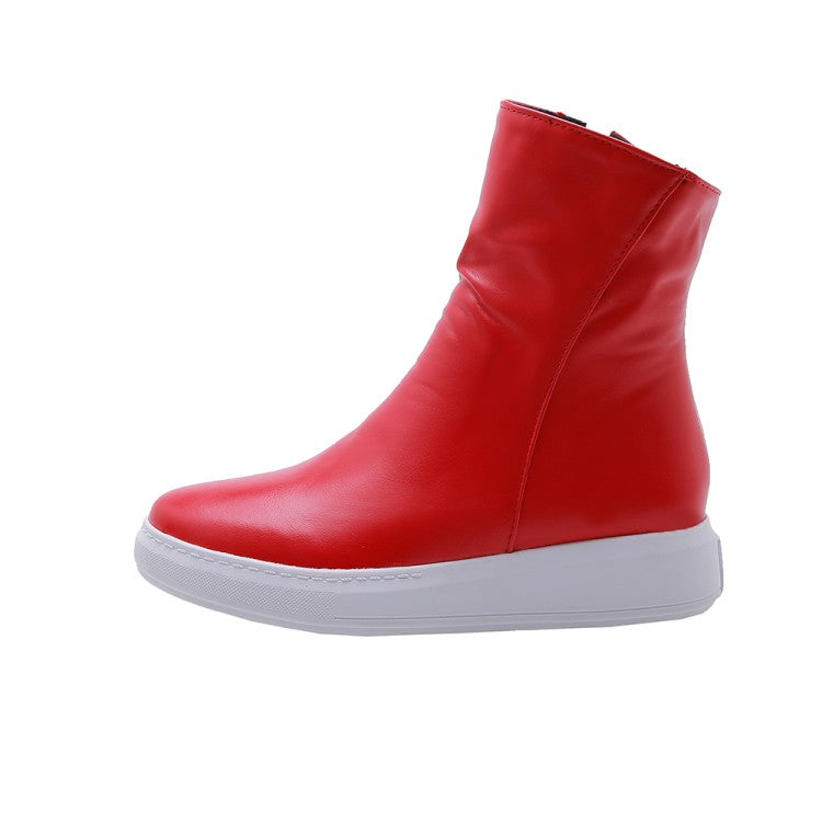 Pu Leather Round Toe Side Zippers Flat Platform Short Boots for Women