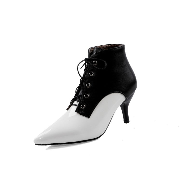 Bicolor Pointed Toe Lace Up Kitten Heel Ankle Boots for Women