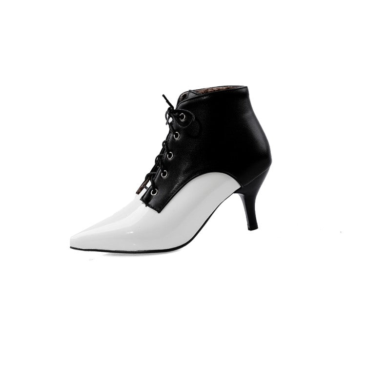 Bicolor Pointed Toe Lace Up Kitten Heel Ankle Boots for Women