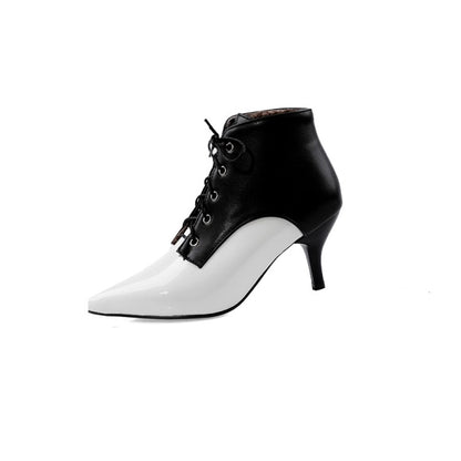 Bicolor Pointed Toe Lace Up Kitten Heel Ankle Boots for Women