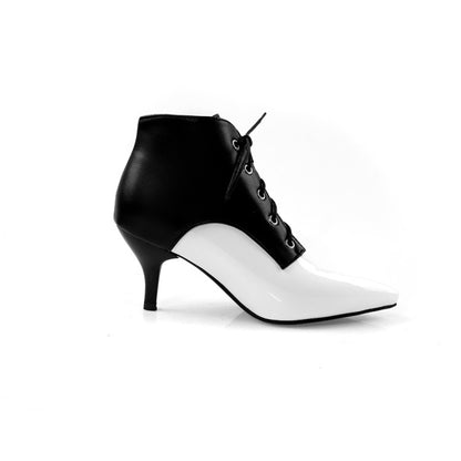 Bicolor Pointed Toe Lace Up Kitten Heel Ankle Boots for Women