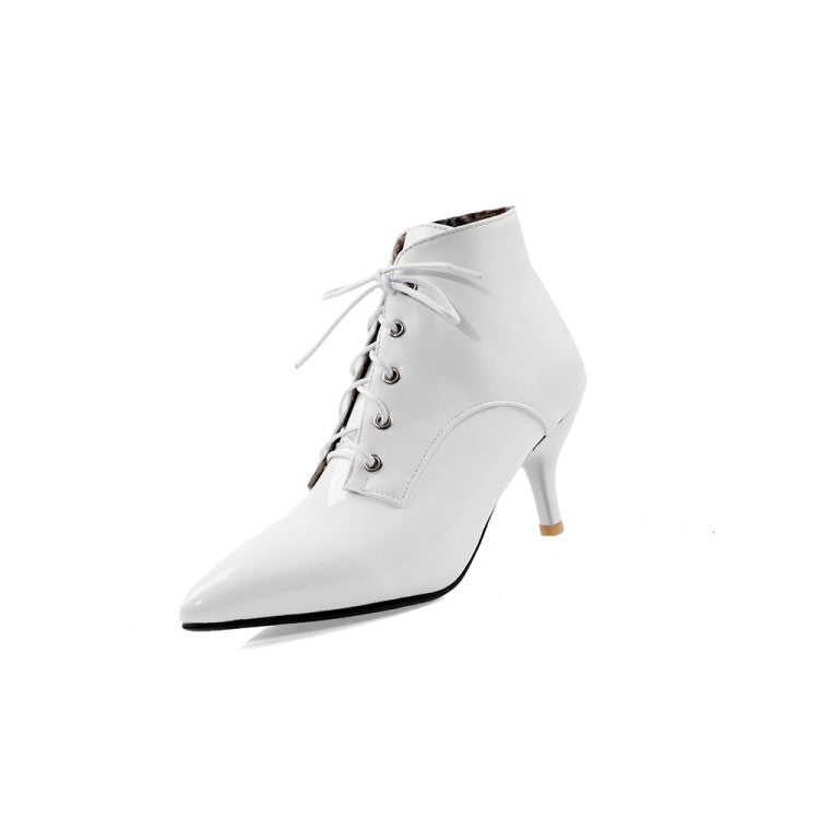 Bicolor Pointed Toe Lace Up Kitten Heel Ankle Boots for Women