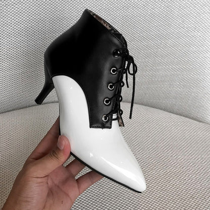 Bicolor Pointed Toe Lace Up Kitten Heel Ankle Boots for Women