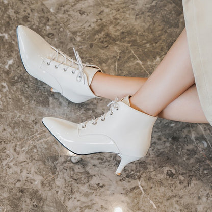 Bicolor Pointed Toe Lace Up Kitten Heel Ankle Boots for Women