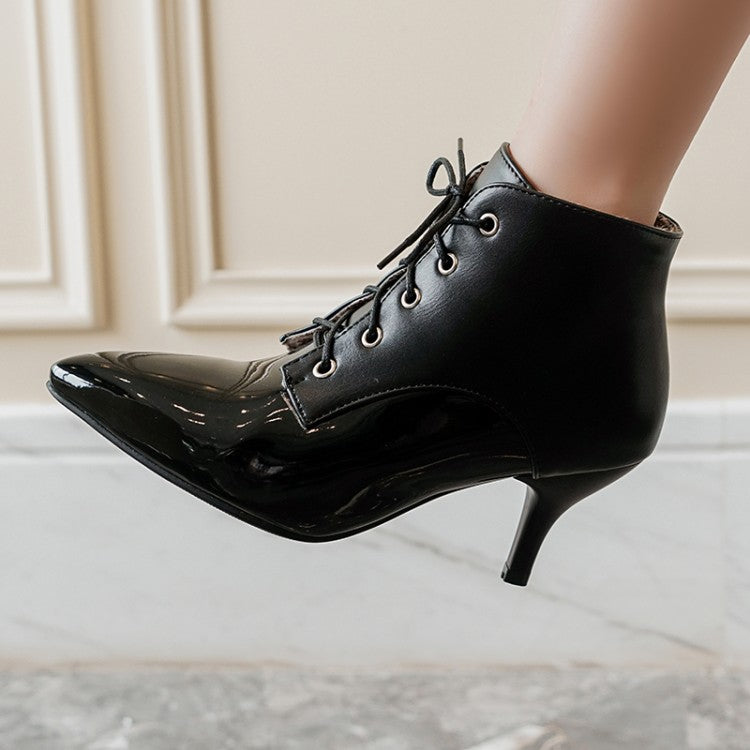 Bicolor Pointed Toe Lace Up Kitten Heel Ankle Boots for Women