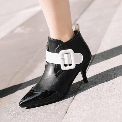 Bicolor Buckle Straps Kitten Heel Short Boots for Women