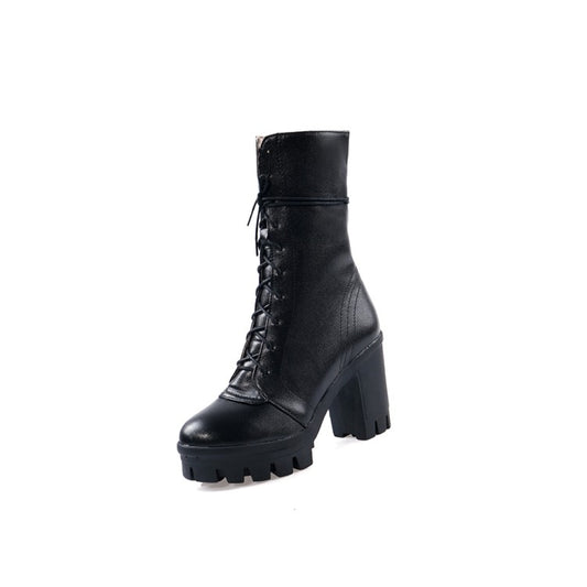 Round Toe Lace Up Block Heel Platform Mid Calf Boots for Women