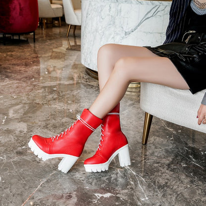 Round Toe Lace Up Block Heel Platform Mid Calf Boots for Women