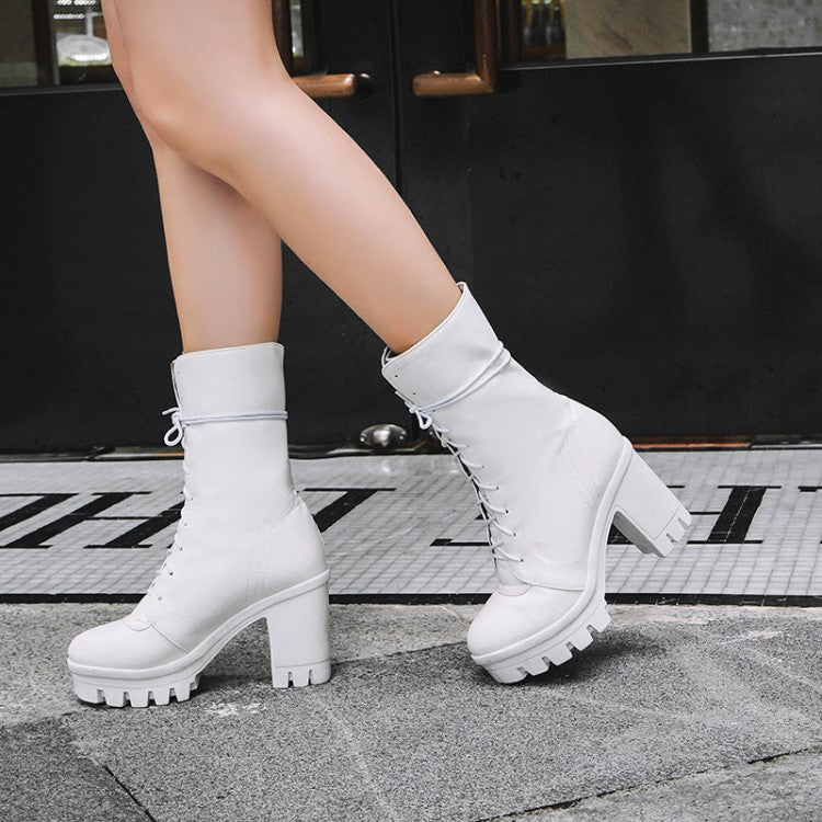 Round Toe Lace Up Block Heel Platform Mid Calf Boots for Women