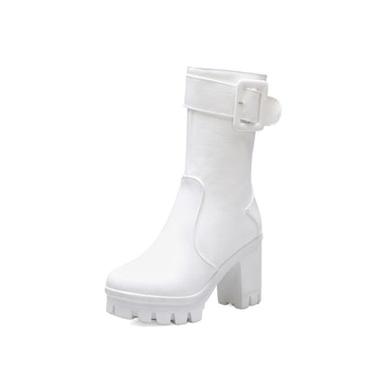 Buckle Block Heel Platform Mid Calf Boots for Women