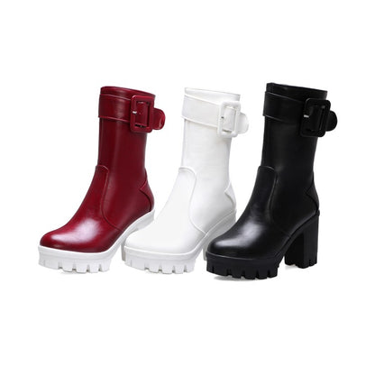 Buckle Block Heel Platform Mid Calf Boots for Women