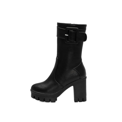 Buckle Block Heel Platform Mid Calf Boots for Women