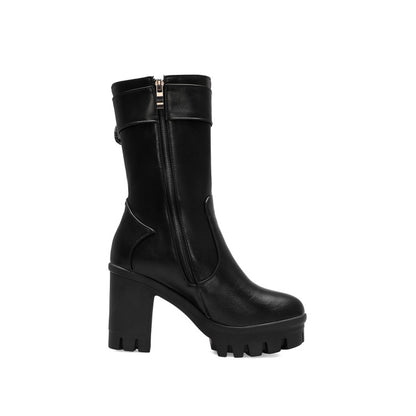 Buckle Block Heel Platform Mid Calf Boots for Women