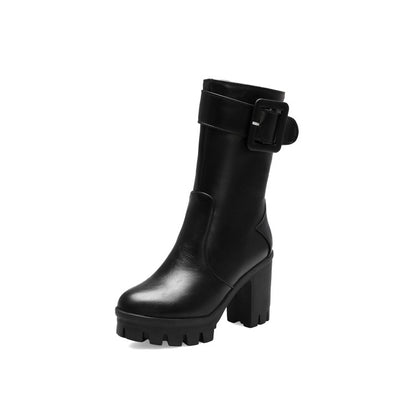 Buckle Block Heel Platform Mid Calf Boots for Women