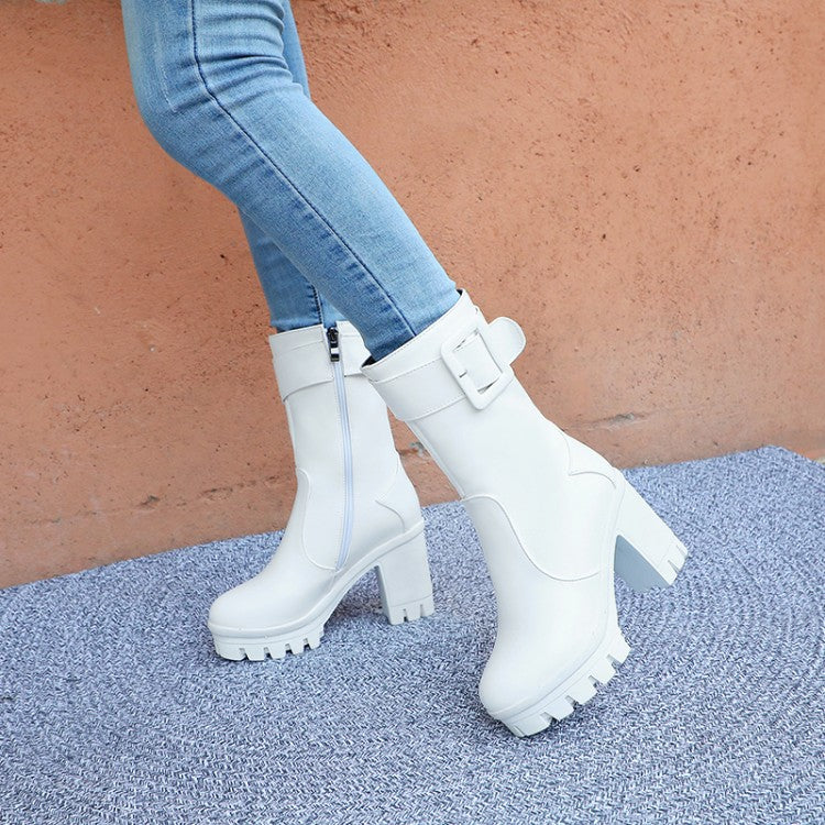 Buckle Block Heel Platform Mid Calf Boots for Women