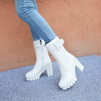 Buckle Block Heel Platform Mid Calf Boots for Women